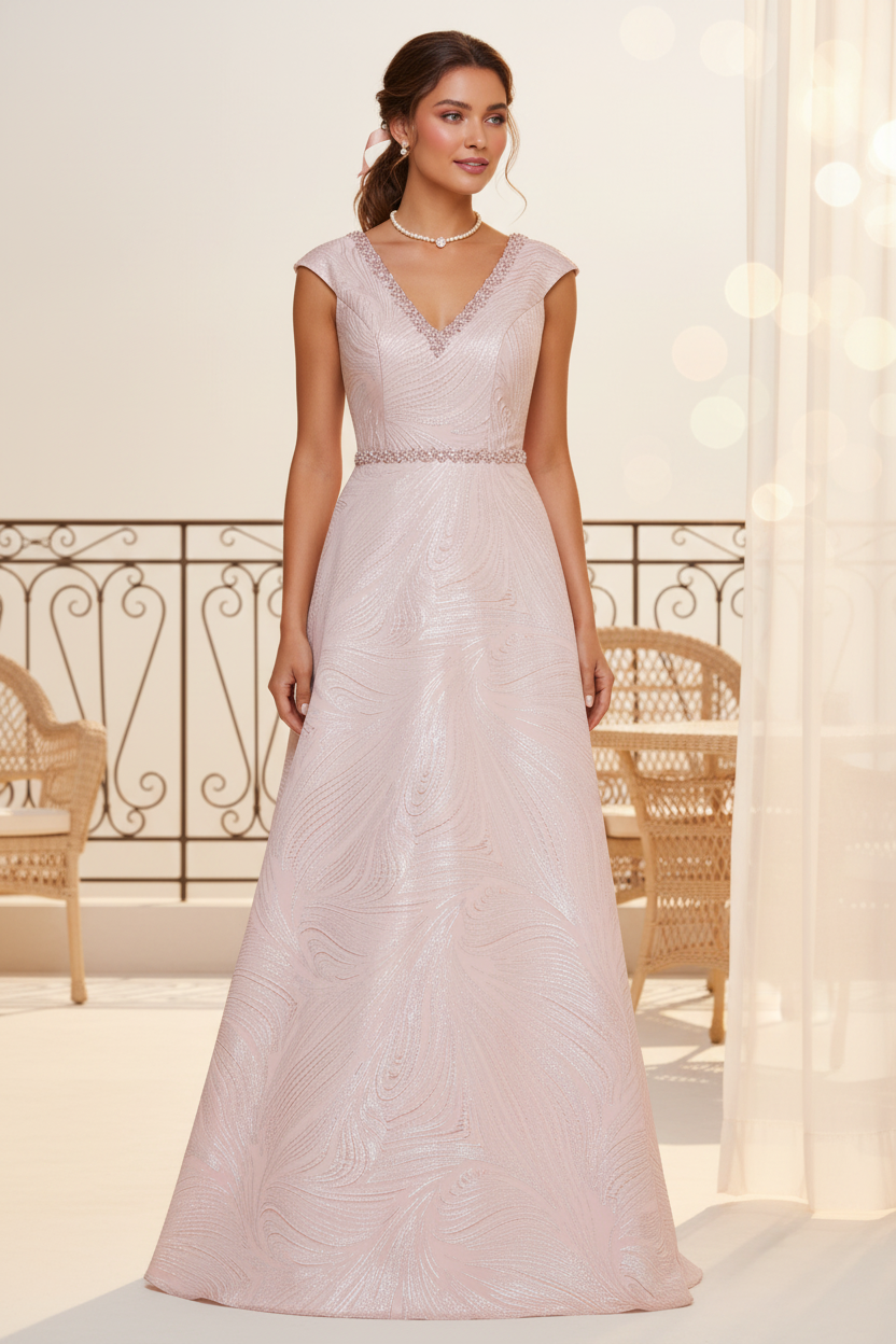 V Neck Cap Sleeves Beaded Floor Length Mother of the Bride Dress