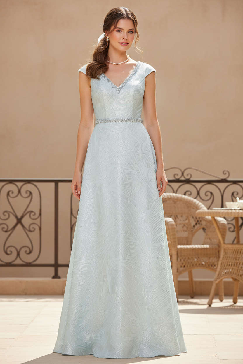 V Neck Cap Sleeves Beaded Floor Length Mother of the Bride Dress