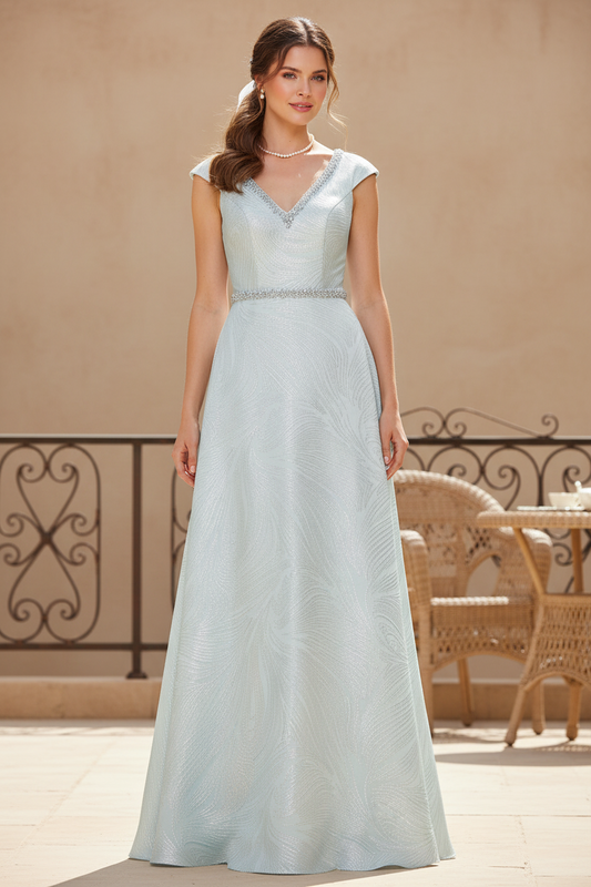 V Neck Cap Sleeves Beaded Floor Length Mother of the Bride Dress