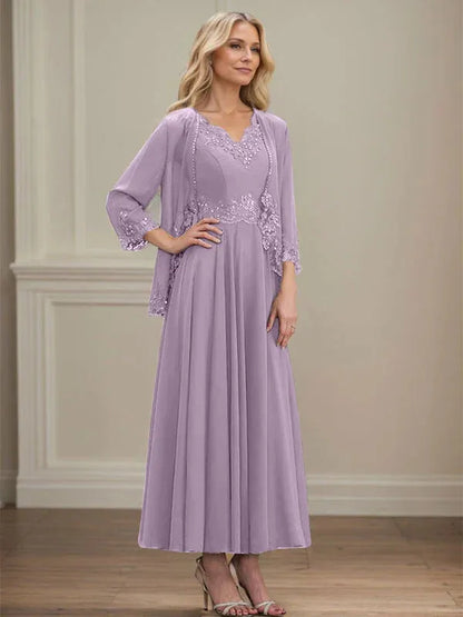 A-line V-Neck Ankle-Length Chiffon Mother of the Bride Dress