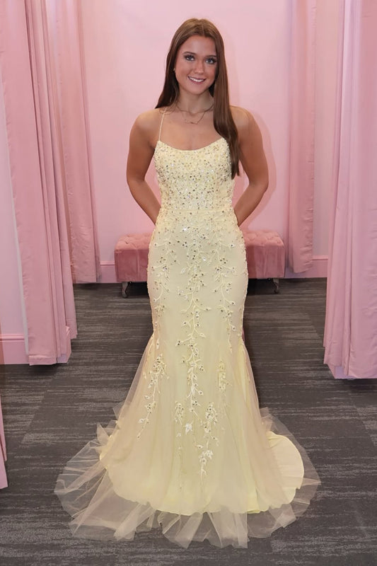 Mermaid Backless Yellow Lace Long Prom Dress