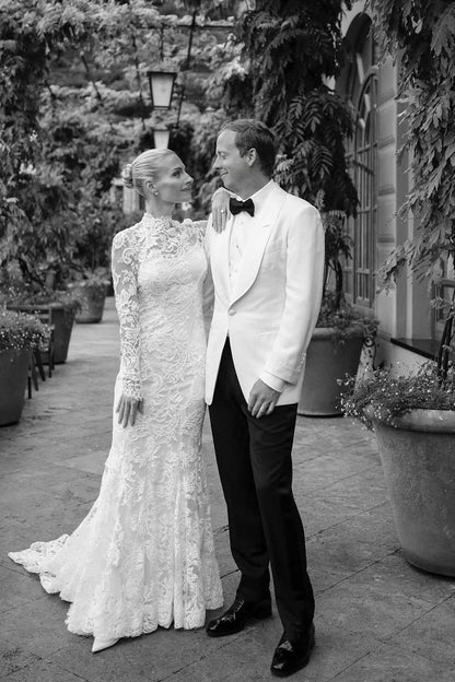 Mermaid Beach Wedding Dress Long Sleeve High Neck Lace Bridal Gown