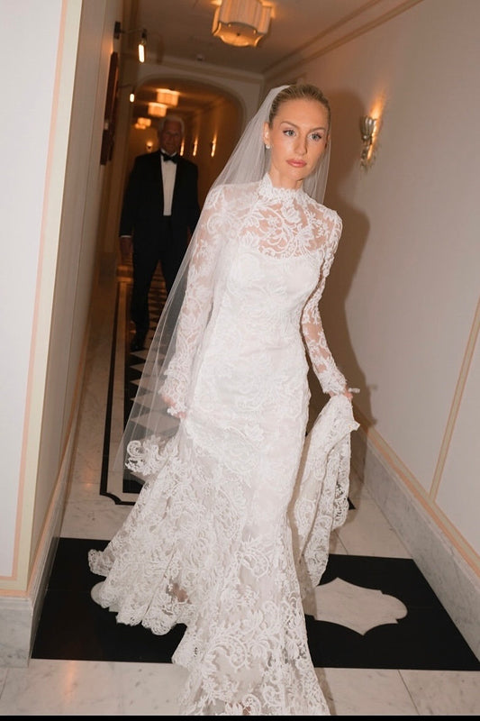 Mermaid Beach Wedding Dress Long Sleeve High Neck Lace Bridal Gown