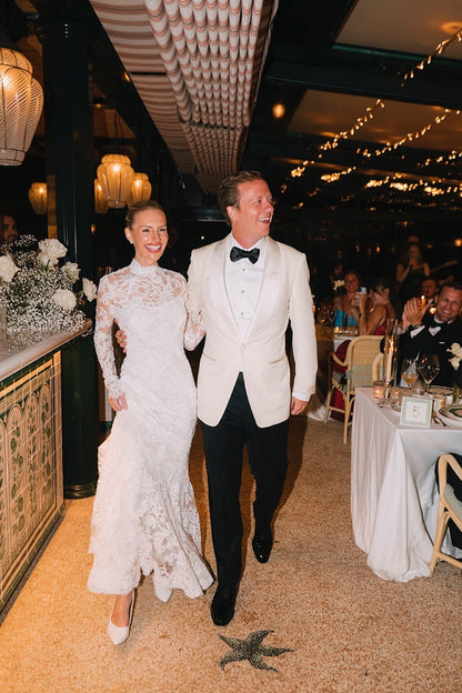 Mermaid Beach Wedding Dress Long Sleeve High Neck Lace Bridal Gown