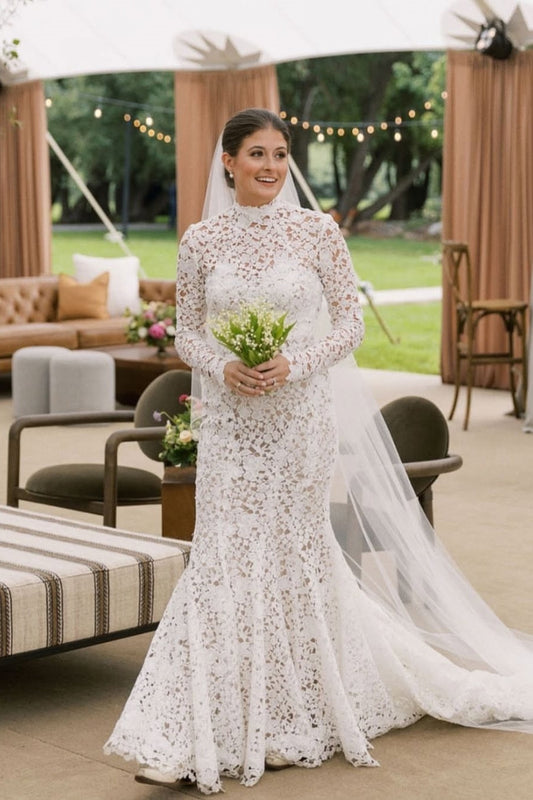 Mermaid Beach Wedding Dress Long Sleeve Lace High Neck Bridal Gown