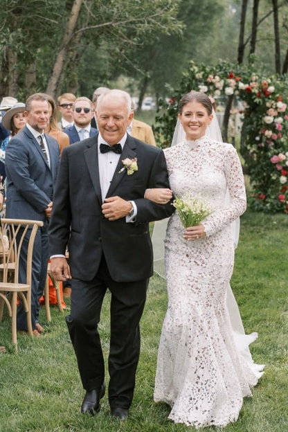 Mermaid Beach Wedding Dress Long Sleeve Lace High Neck Bridal Gown