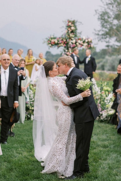 Mermaid Beach Wedding Dress Long Sleeve Lace High Neck Bridal Gown