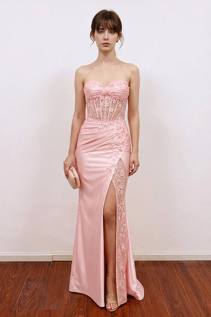 Mermaid Corset Bodic Split Pink Prom Dress Formal Gown