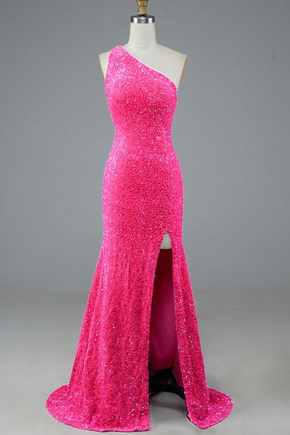 Mermaid Glitter One-Shoulder Backless Prom Dress With Sequins