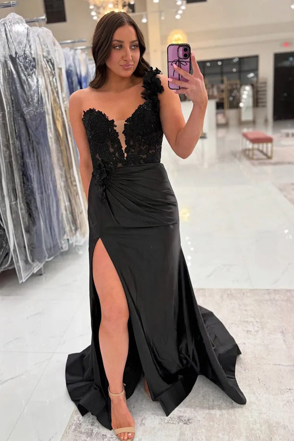 Mermaid One Shoulder Black Long Satin Prom Dress With Split