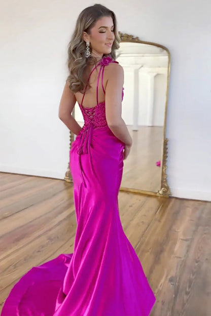 Mermaid One Shoulder Black Long Satin Prom Dress With Split