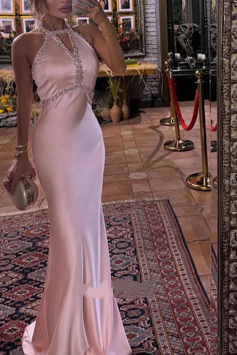 Mermaid Satin Halter Beaded Empire Party Prom Dress