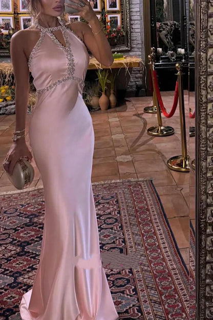 Mermaid Satin Halter Beaded Empire Party Prom Dress