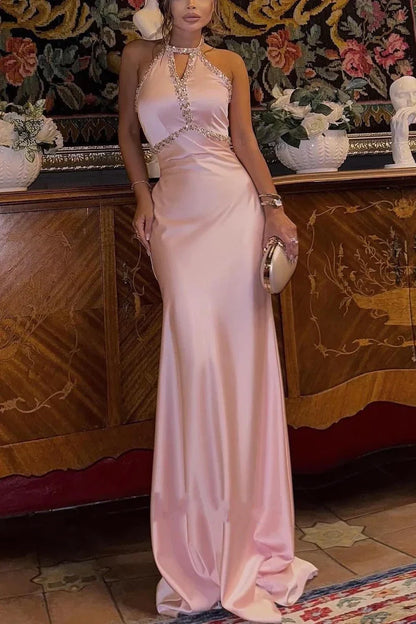 Mermaid Satin Halter Beaded Empire Party Prom Dress
