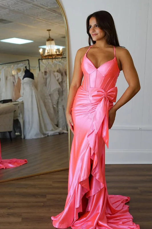 Mermaid Spaghetti Straps Corset Pink Long Prom Dress