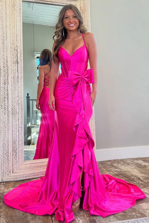 Mermaid Spaghetti Straps Corset Pink Long Prom Dress