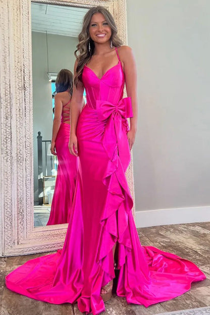 Mermaid Spaghetti Straps Corset Pink Long Prom Dress