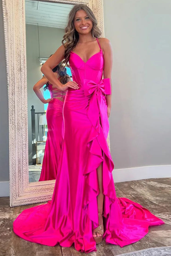 Mermaid Spaghetti Straps Corset Pink Long Prom Dress