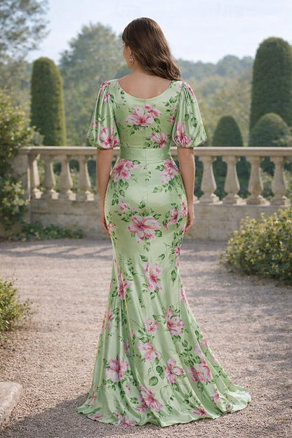 Green V-Neck Half Sleeve Floral Print Mermaid Evening Dress
