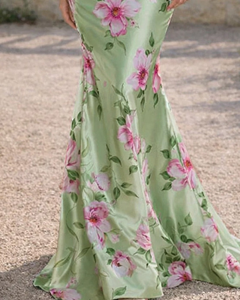 Green V-Neck Half Sleeve Floral Print Mermaid Evening Dress