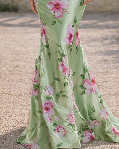 Green V-Neck Half Sleeve Floral Print Mermaid Evening Dress