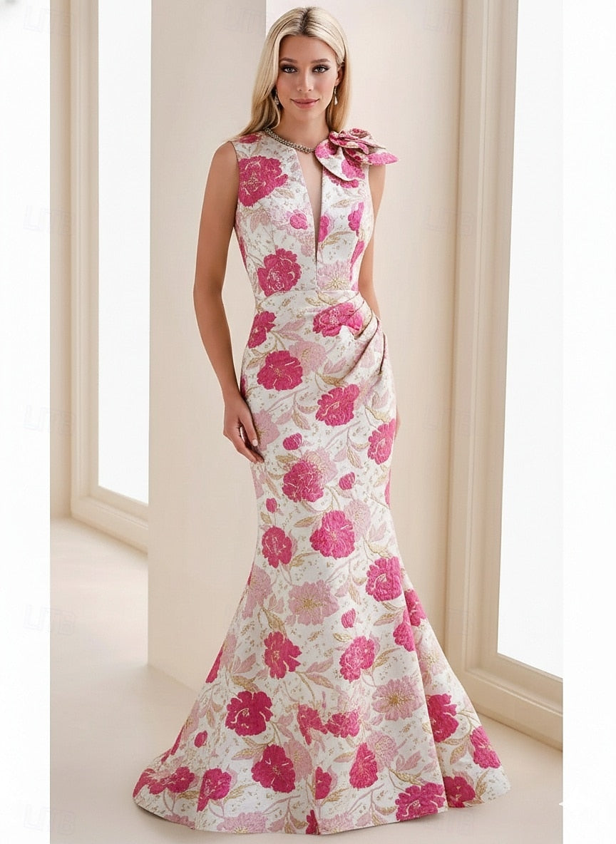 Applique Flowers Floral Print Sleeveless Mermaid Evening Dresss