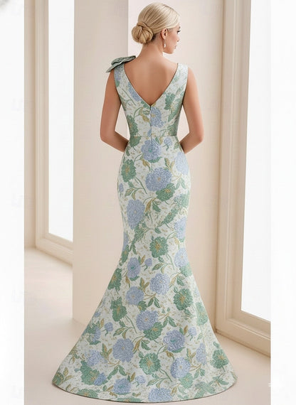 Applique Flowers Floral Print Sleeveless Mermaid Evening Dresss