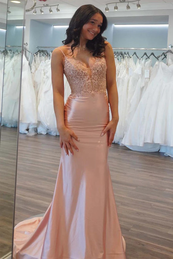 Mermaid V-neck Light Pink Satin Appliques Long Prom Dress