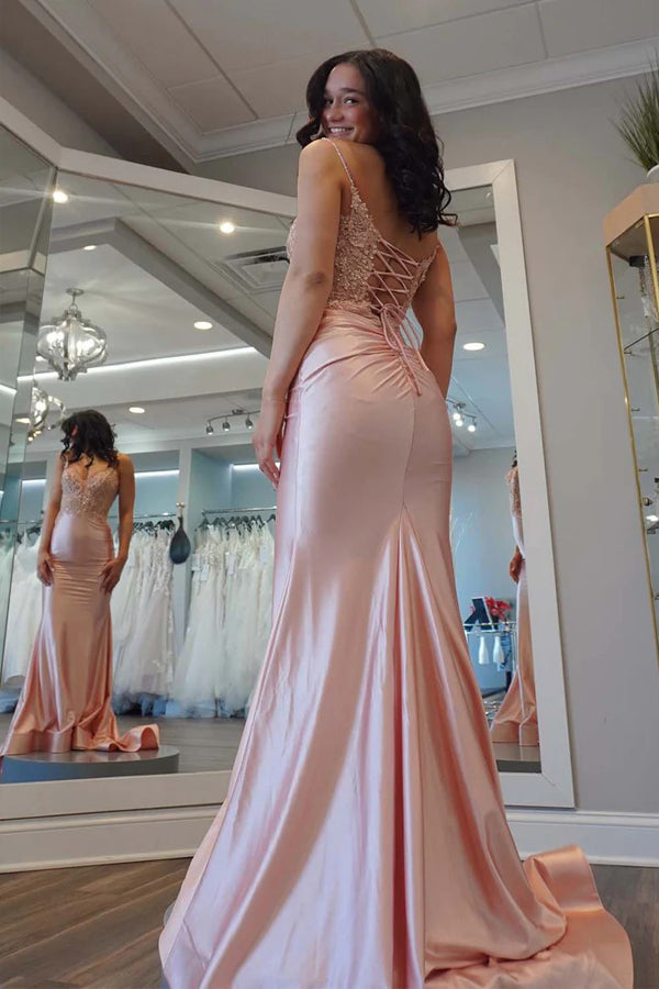 Mermaid V-neck Light Pink Satin Appliques Long Prom Dress