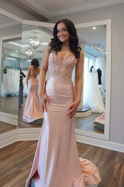 Mermaid V-neck Light Pink Satin Appliques Long Prom Dress
