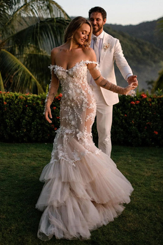 Mermaid Off the Shoulder Tulle Lace Wedding Dress