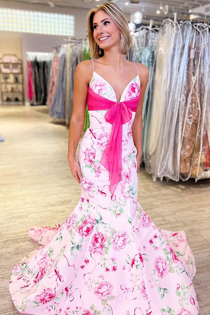 Mermaid Satin Floral Print Prom Dresses Long V Neck Evening Party Gowns