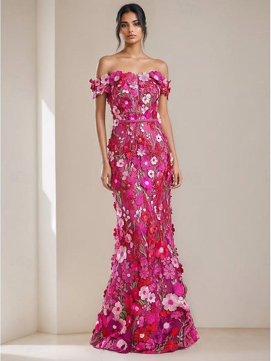 Fuchsia Pink Floral Embroidered Off Shoulder Dress