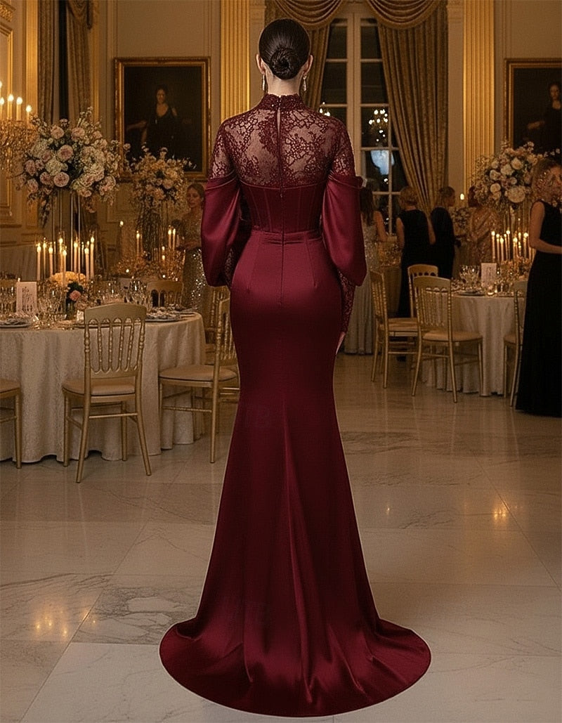 Gold Satin High Neck Evening Gown