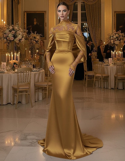 Gold Satin High Neck Evening Gown