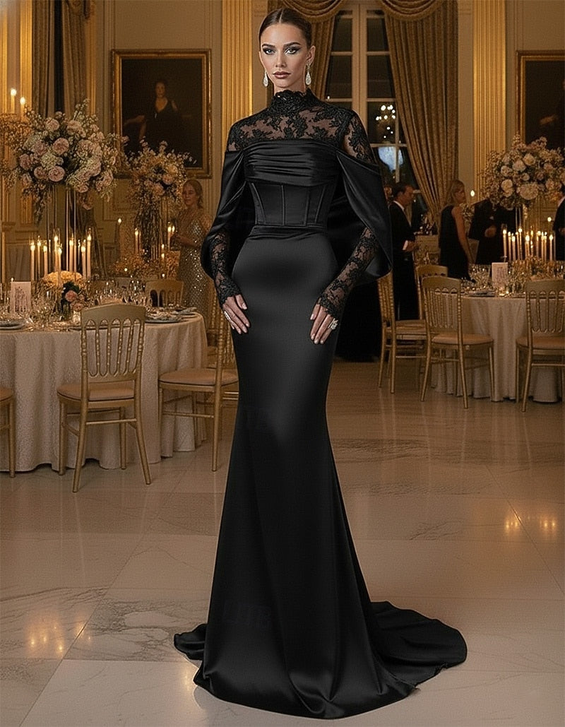 Gold Satin High Neck Evening Gown