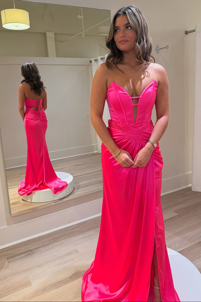 Mermaid V Neck Hot Pink Satin Prom Dress with Slit