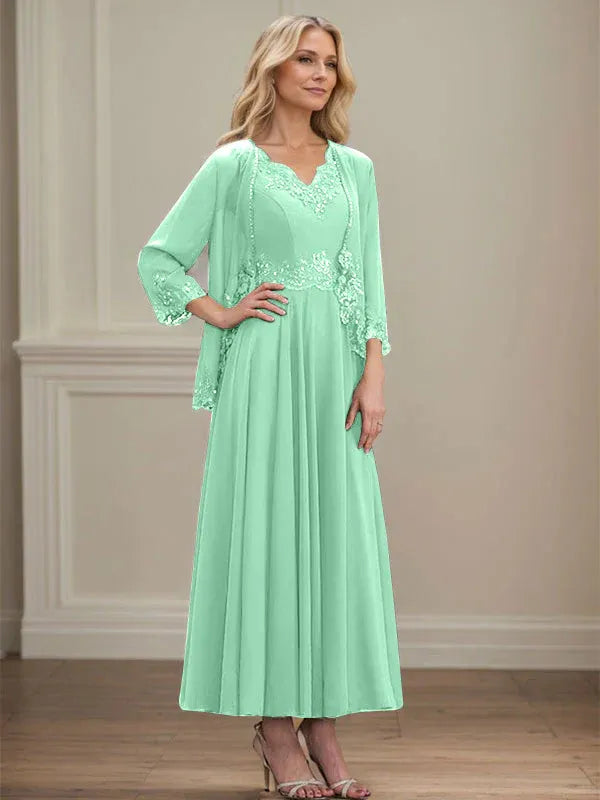 A-line V-Neck Ankle-Length Chiffon Mother of the Bride Dress
