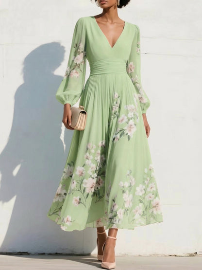 V-Neck Print-Chiffon Pleated Tea-Length Mother of the Bride Dress