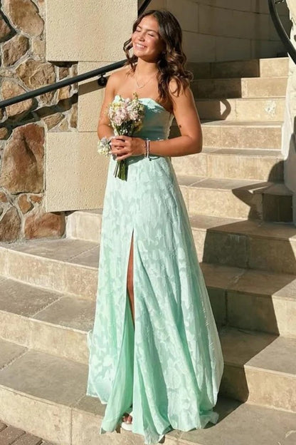 Mint Green Strapless Prom Dress with Front Slit and Textured Fabric