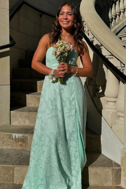 Mint Green Strapless Prom Dress with Front Slit and Textured Fabric