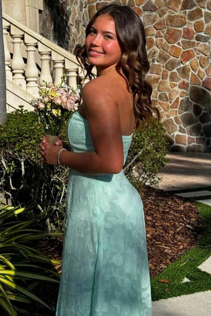 Mint Green Strapless Prom Dress with Front Slit and Textured Fabric