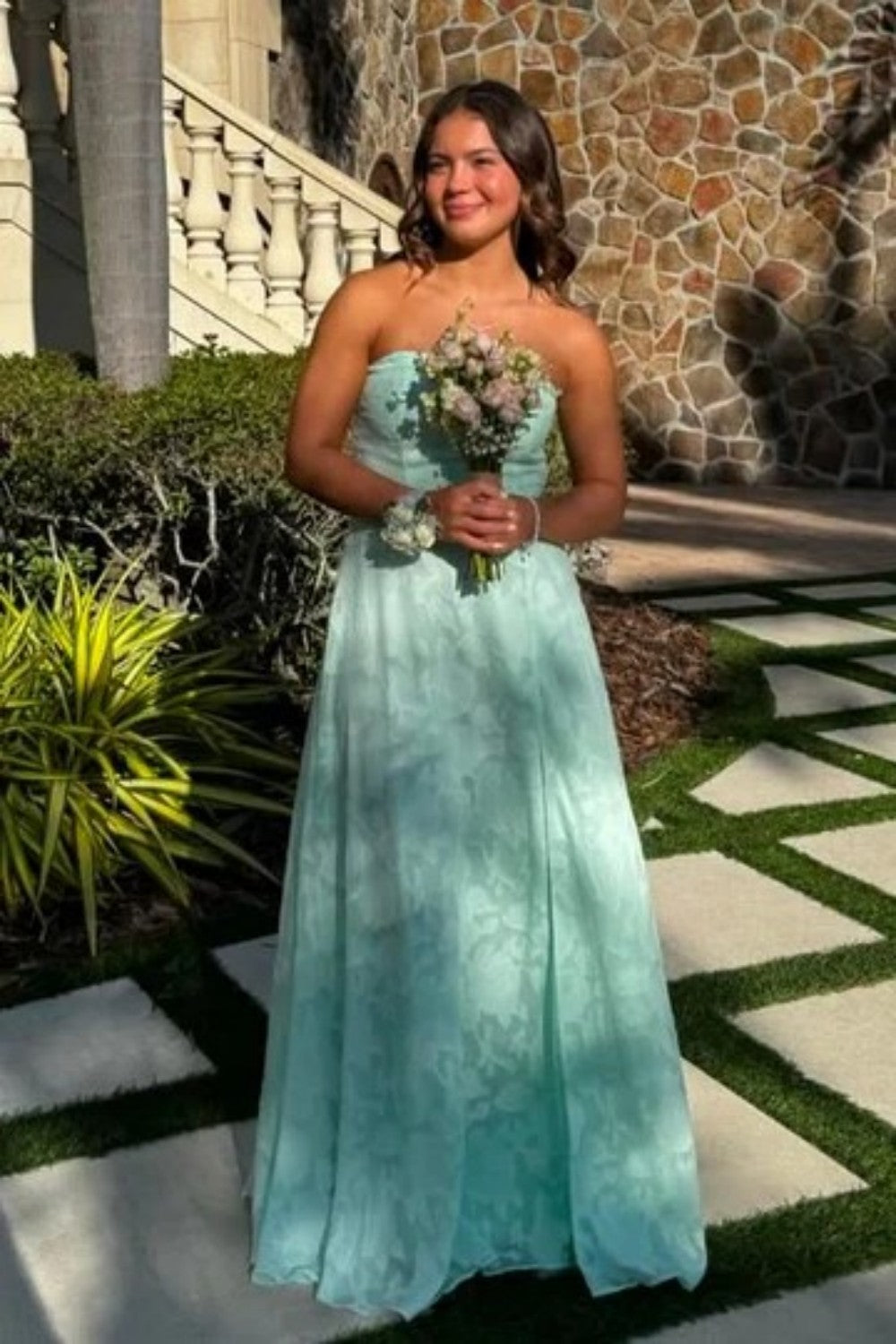 Mint Green Strapless Prom Dress with Front Slit and Textured Fabric