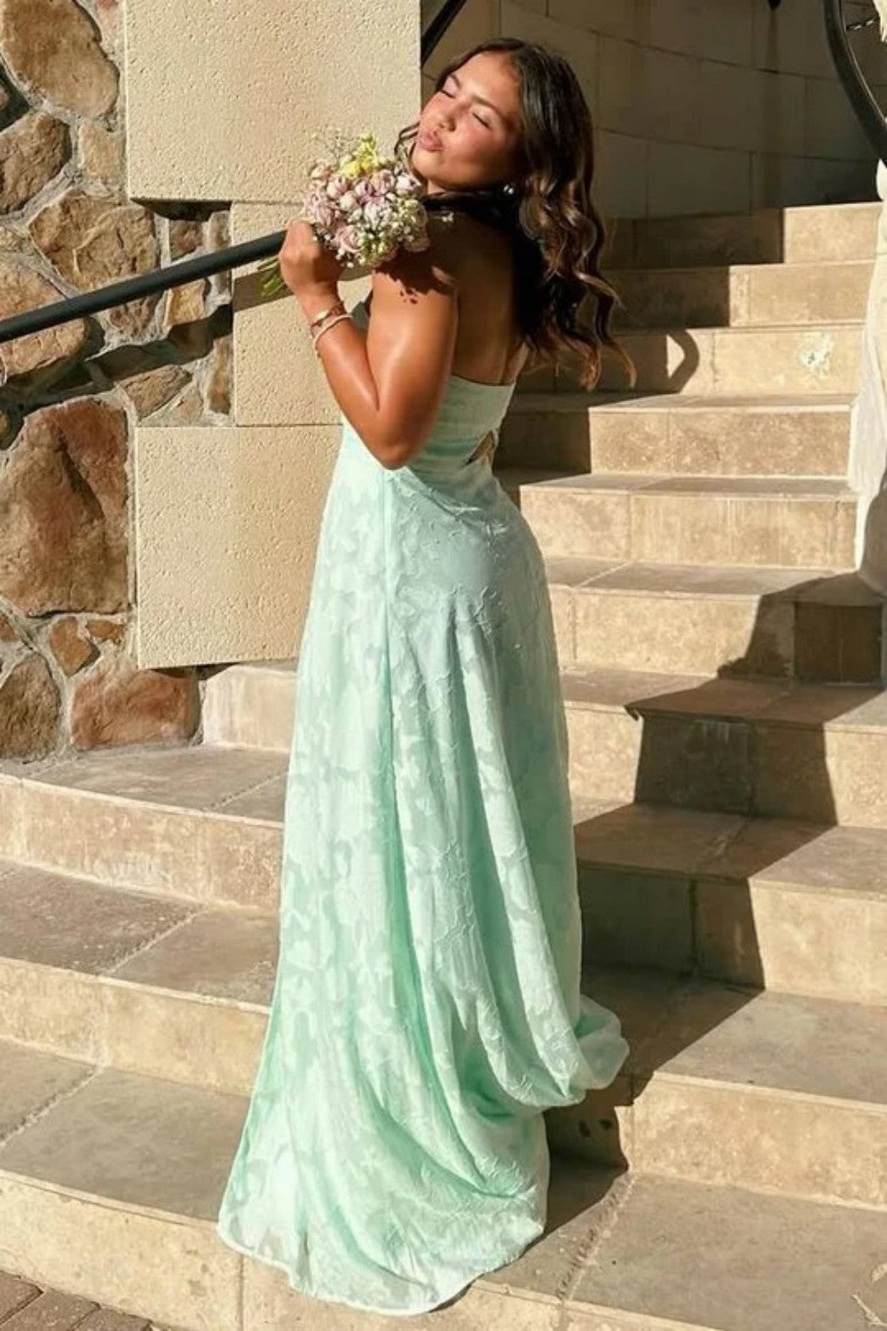 Mint Green Strapless Prom Dress with Front Slit and Textured Fabric