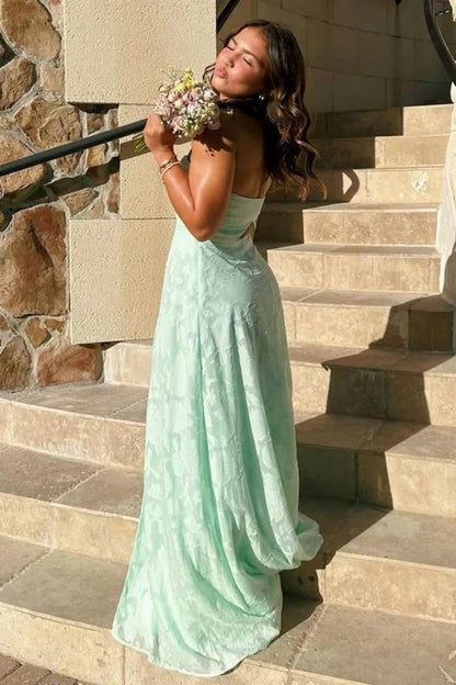 Mint Green Strapless Prom Dress with Front Slit and Textured Fabric