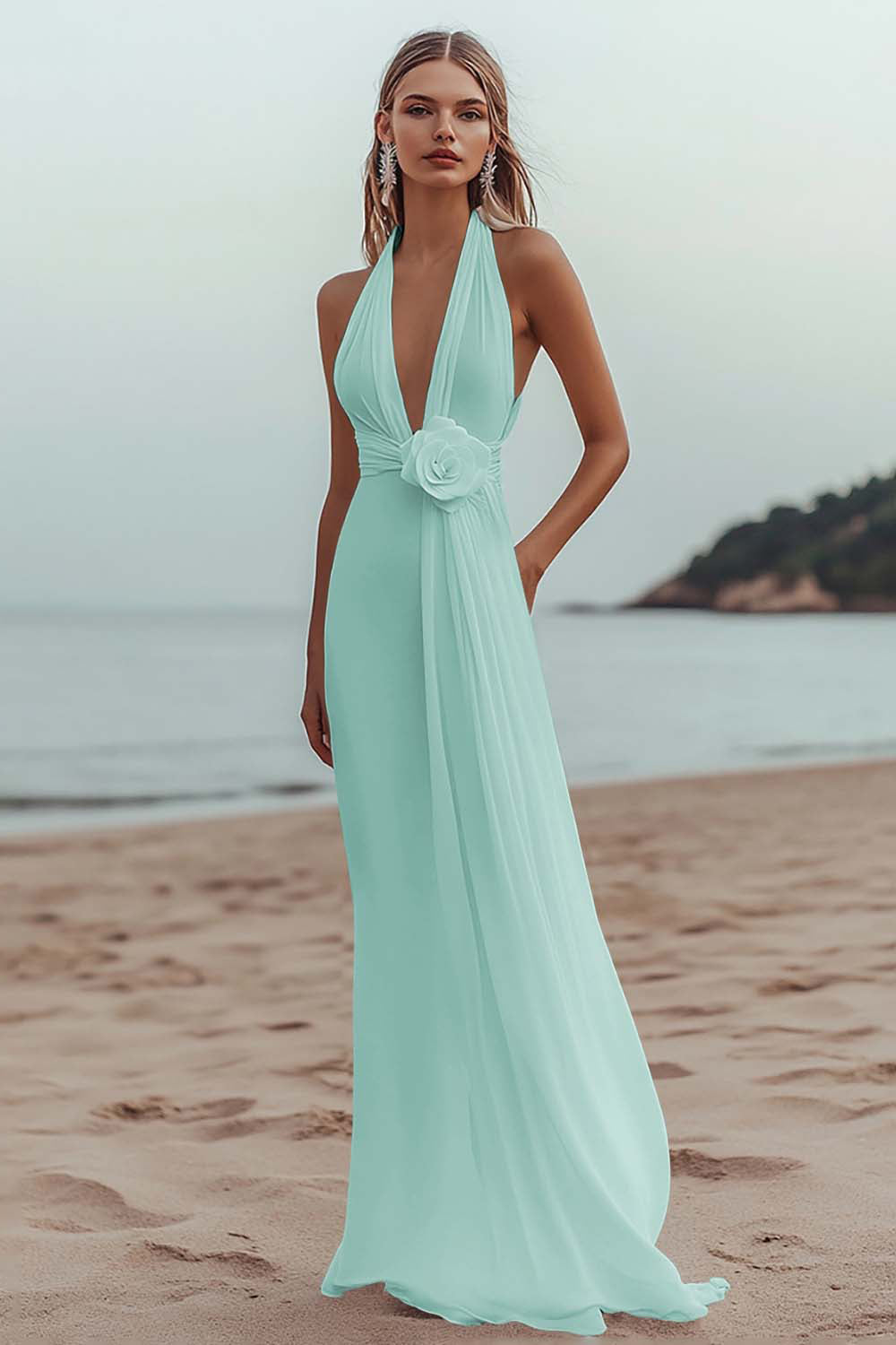 White A Line Deep V-Neck Long Engagement Dress with 3D Flower
