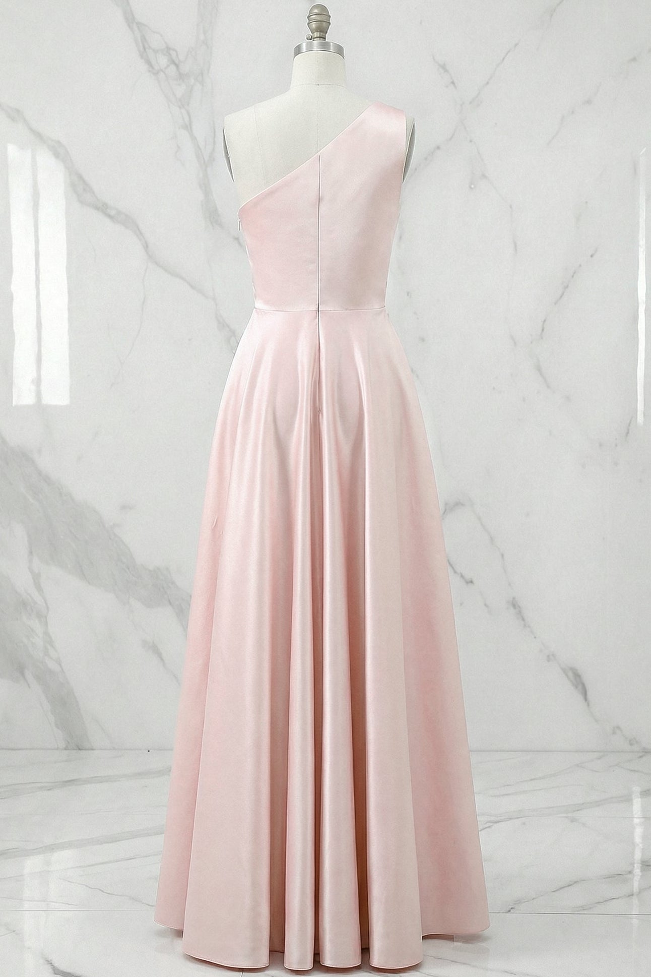 Asymmetrical-Neck Sleeveless Two Tone Satin Pleated Floor-Length A-Line Prom Dress