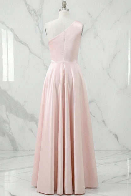Asymmetrical-Neck Sleeveless Two Tone Satin Pleated Floor-Length A-Line Prom Dress