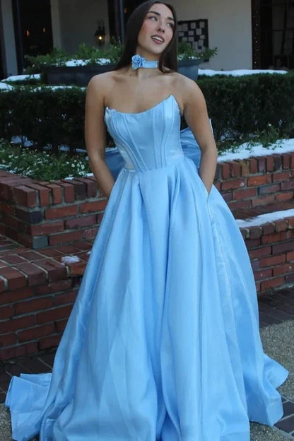 Modest Satin A-Line Crew Strapless Party Prom Dress With Bow