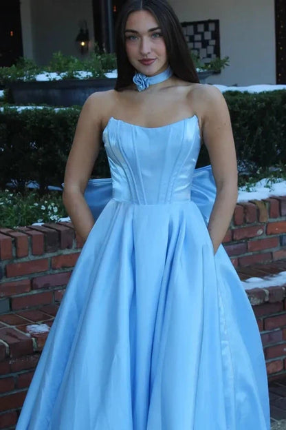 Modest Satin A-Line Crew Strapless Party Prom Dress With Bow